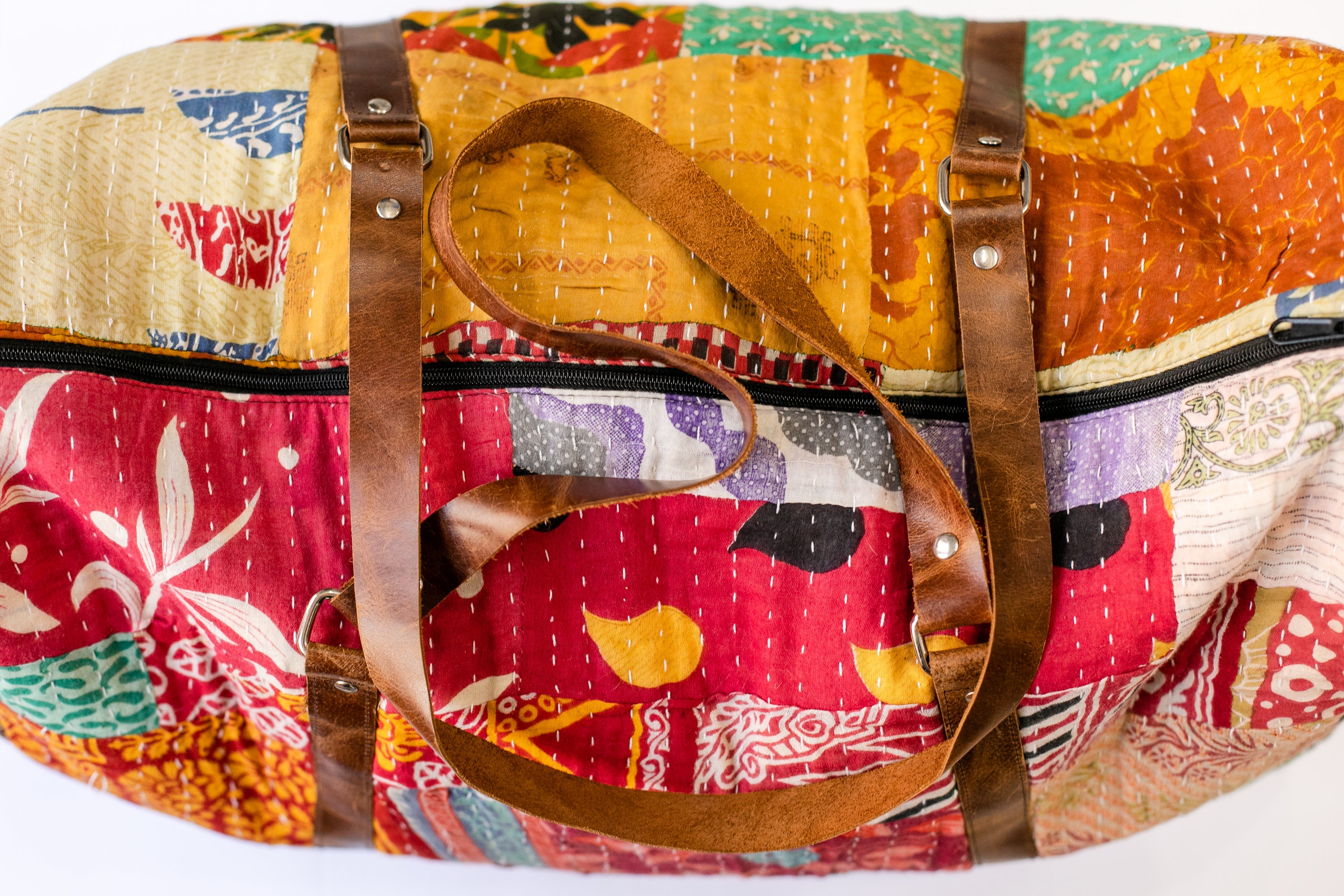 Burlap Festival Kantha bohemian patchwork colorful knapsack backpack Large Cotton Patchwork Backpack Festival Bag - FWOSI main image 2
