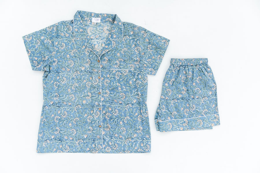 Blue Floral Frills Block Print Pajama Shorts Set