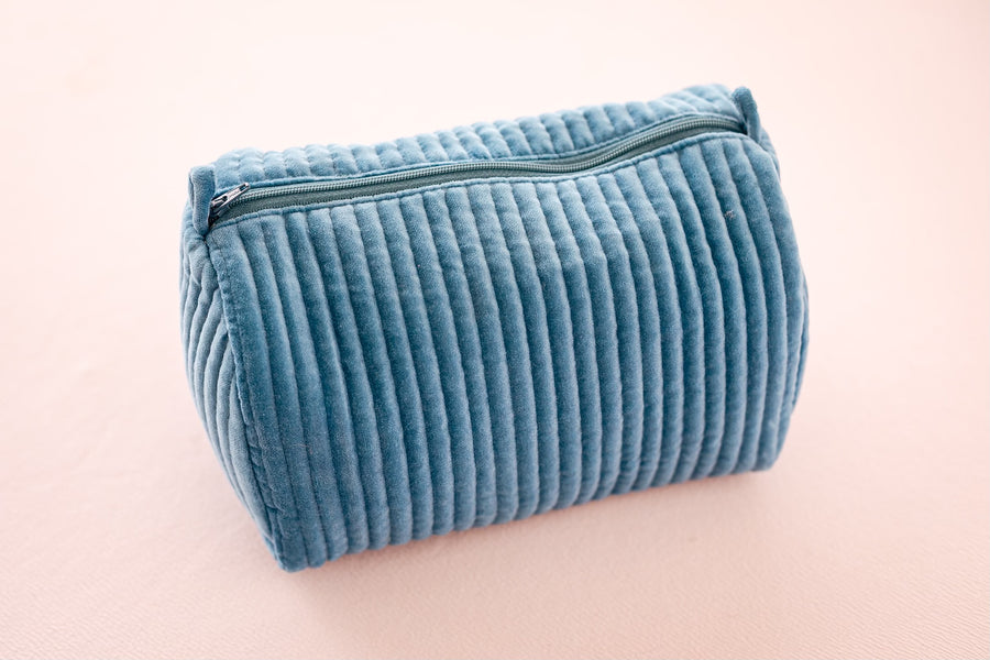 Velvet & Block Print Lined Cosmetic Pouch- Blue