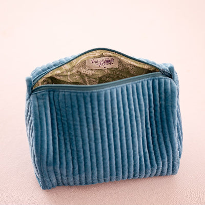 Velvet & Block Print Lined Cosmetic Pouch- Blue