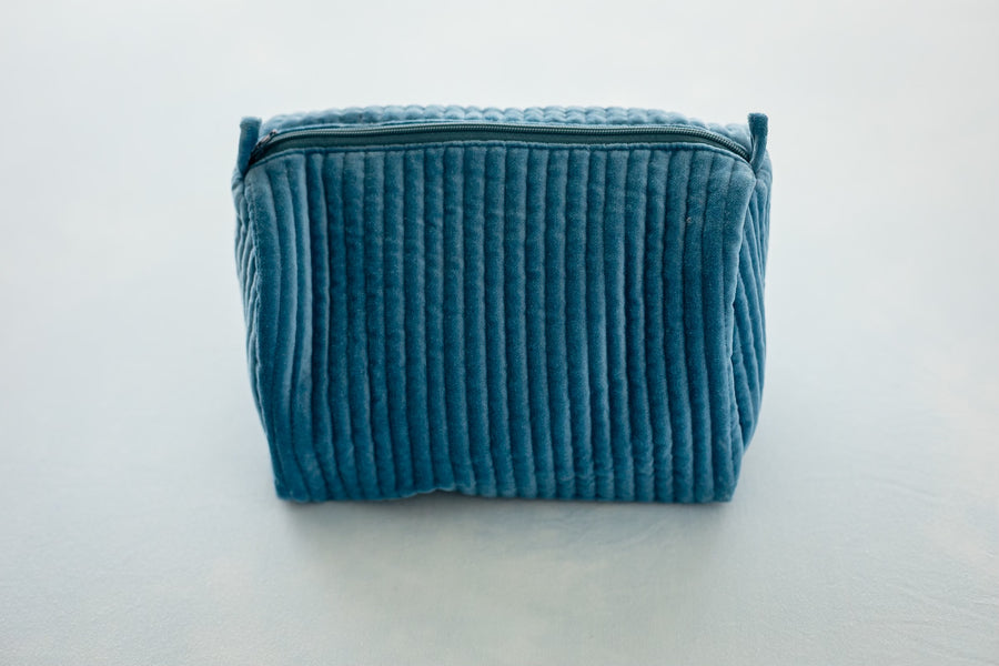 Velvet & Block Print Lined Cosmetic Pouch- Blue