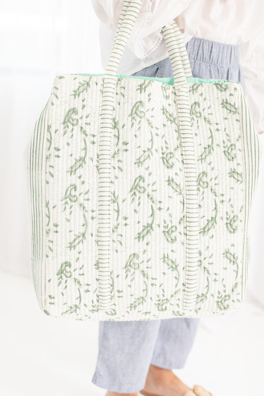 Citrus Green Quilted Block Print Tote