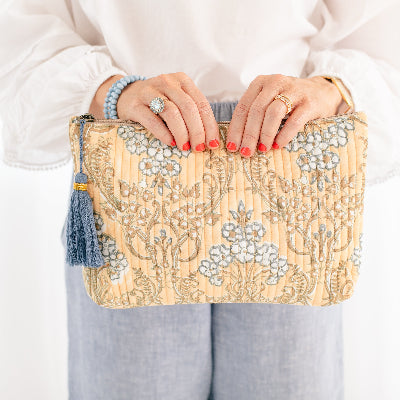 Quilted Block Print Trellis Zipper Pouch