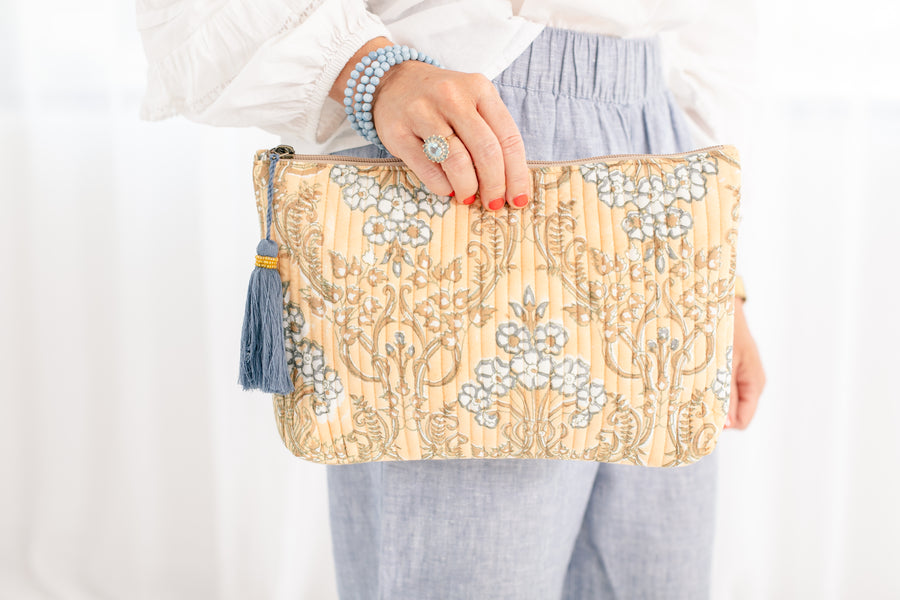 Quilted Block Print Trellis Zipper Pouch