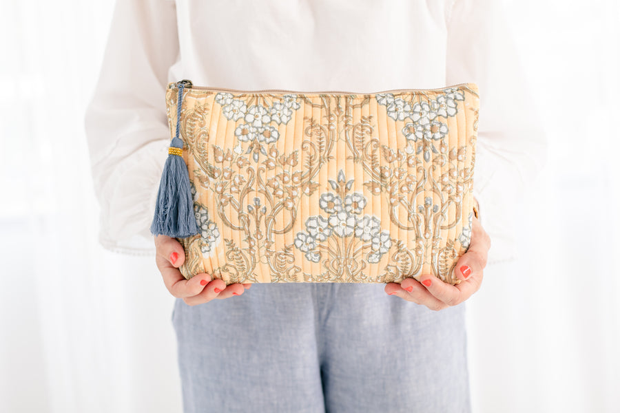 Quilted Block Print Trellis Zipper Pouch