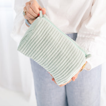 Velvet & Block Print Lined Cosmetic Pouch- Mint