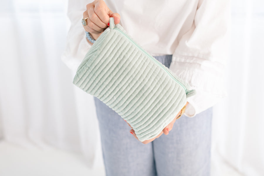 Velvet & Block Print Cosmetic Pouch- Mint