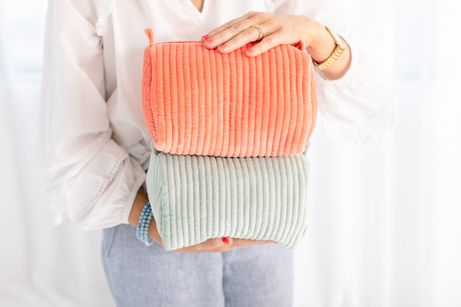 Velvet & Block Print Cosmetic Pouch- Coral