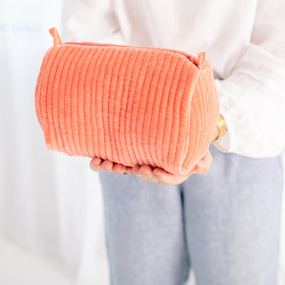 Velvet & Block Print Lined Cosmetic Pouch- Coral