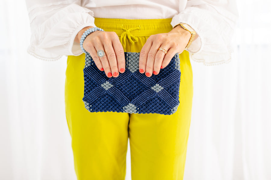 Handmade Macramé Clutch- Navy and Dusty Blue