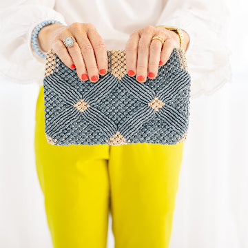 Handmade Macramé Clutch- Dusty Blue and Champagne