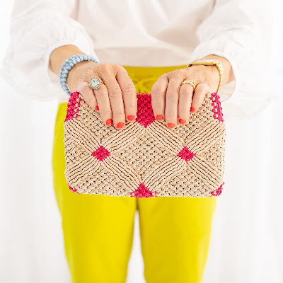 Handmade Macramé Clutch- Champagne and Pink