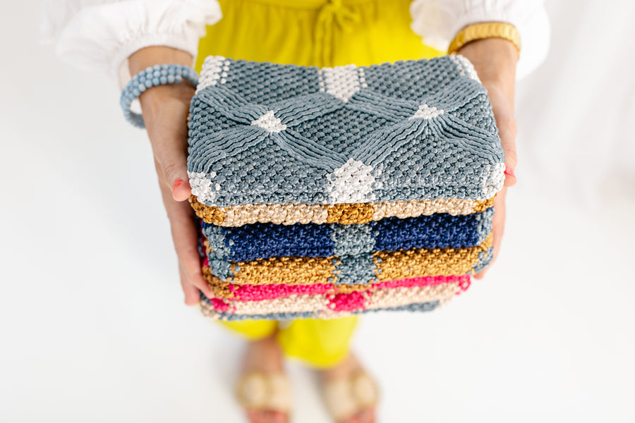 Handmade Macrame Clutch- Dusty Blue and White