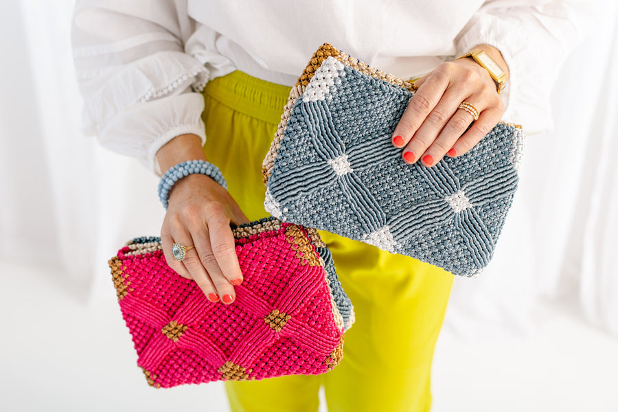 Handmade Macramé Clutch- Pink and Caramel