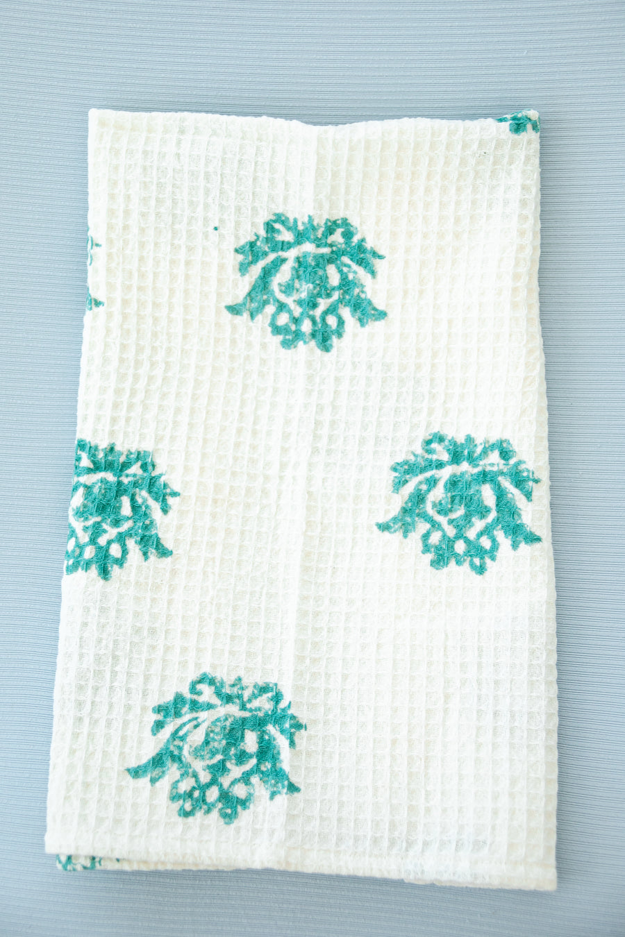 Turquoise Lotus Block Print Waffle Tea Towel