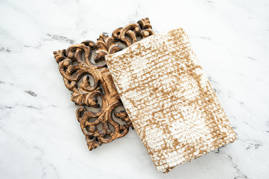 Caramel Block Print Waffle Tea Towel