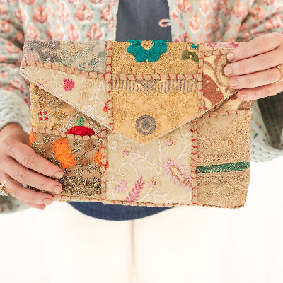 Tan Patchwork Envelope Clutch