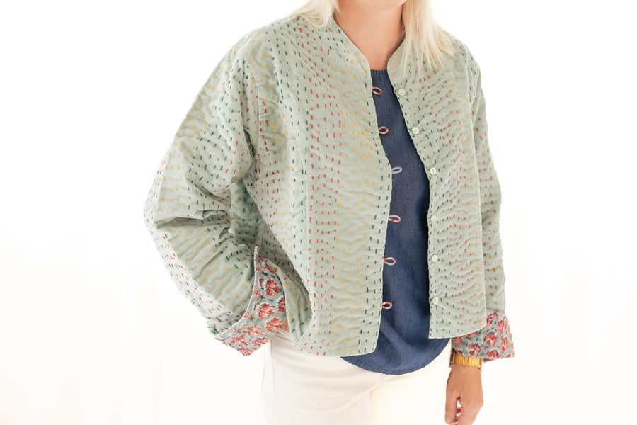 Velvet Mint & Block Print Reversible Kantha Jacket