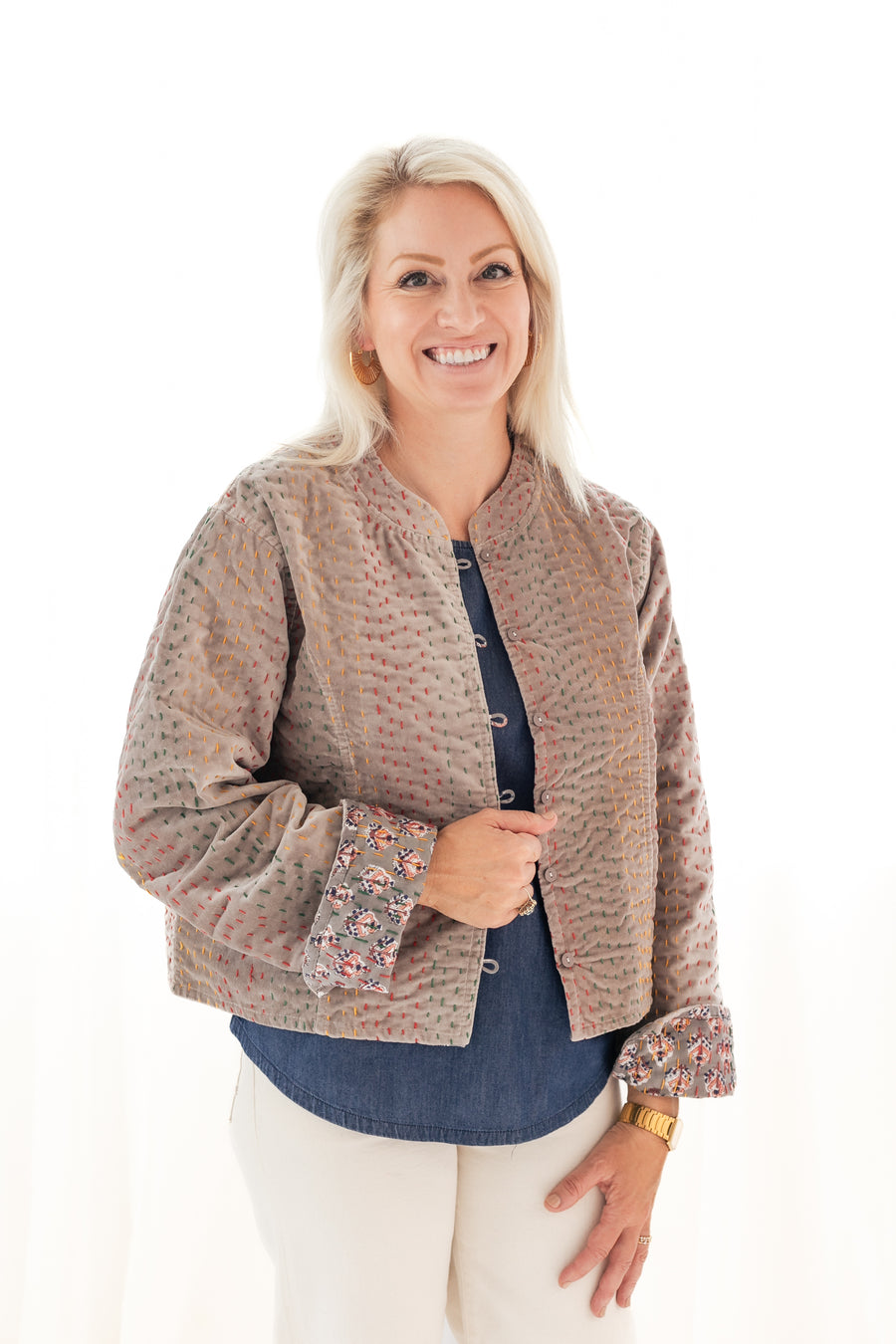 Gray Velvet & Block Print Kantha Jacket