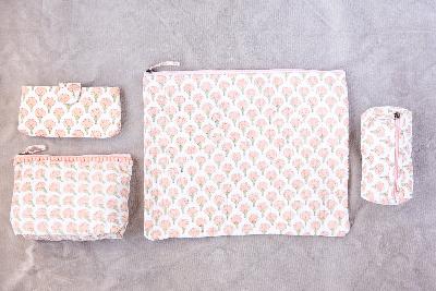 Block Print Cotton Laptop Sleeve - Peach Peony