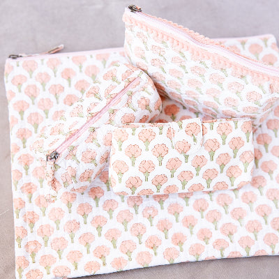 Block Print Cotton Laptop Sleeve - Peach Peony