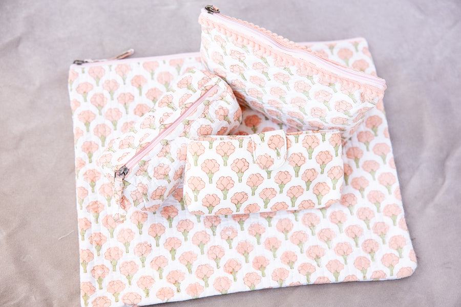 Block Print Cotton Laptop Sleeve - Peach Peony