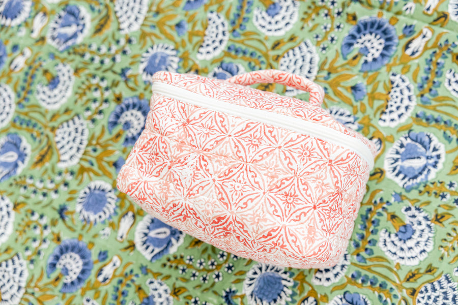 Coral Medallion Cosmetic Pouch with Handle