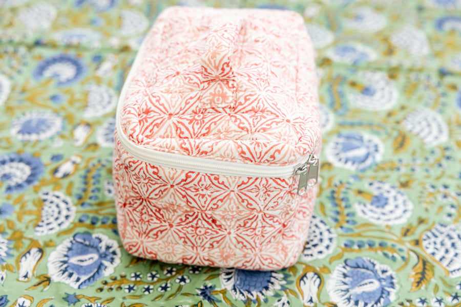 Coral Medallion Cosmetic Pouch with Handle