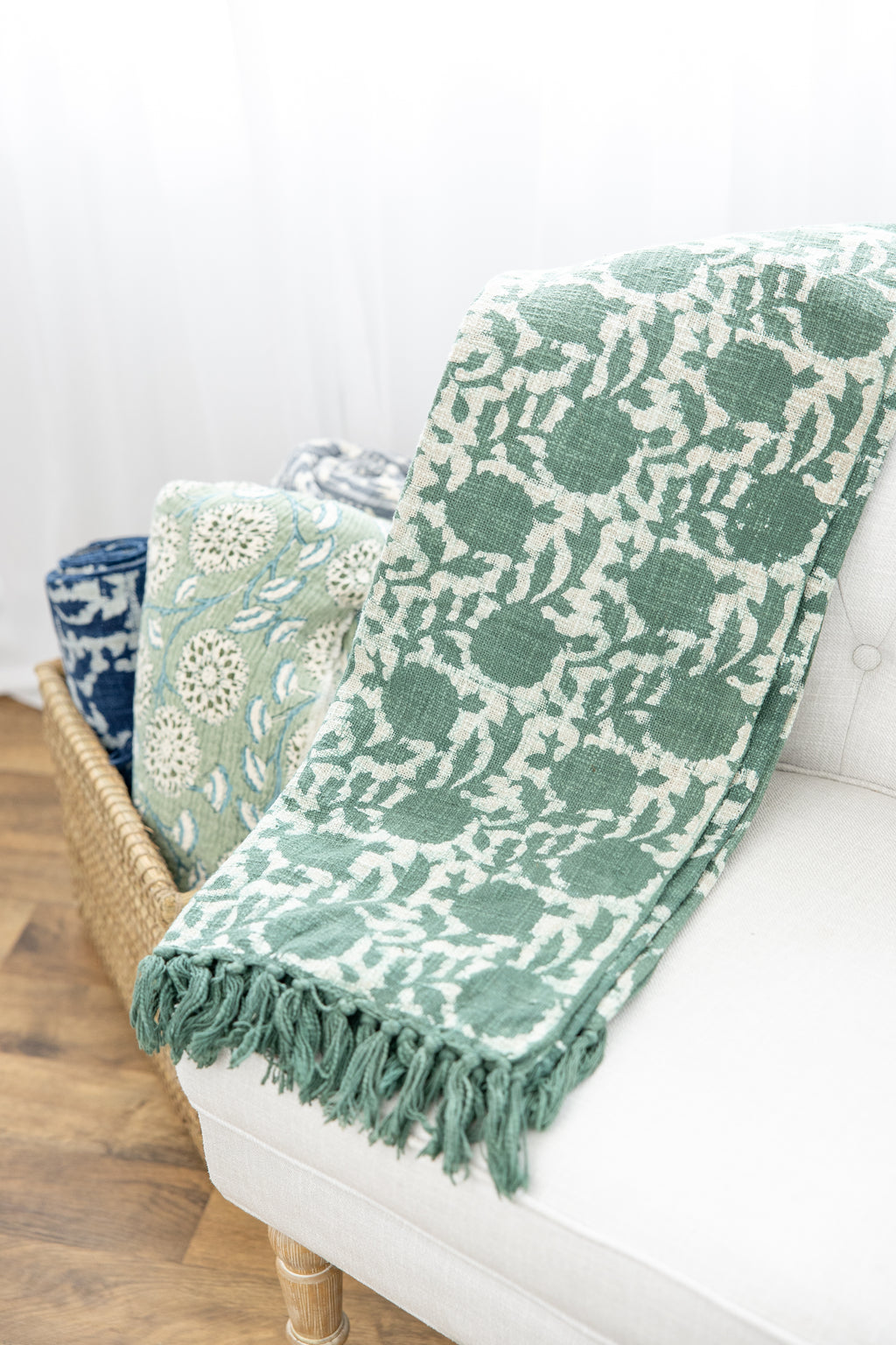 Emerald Blossom Block Print Throw