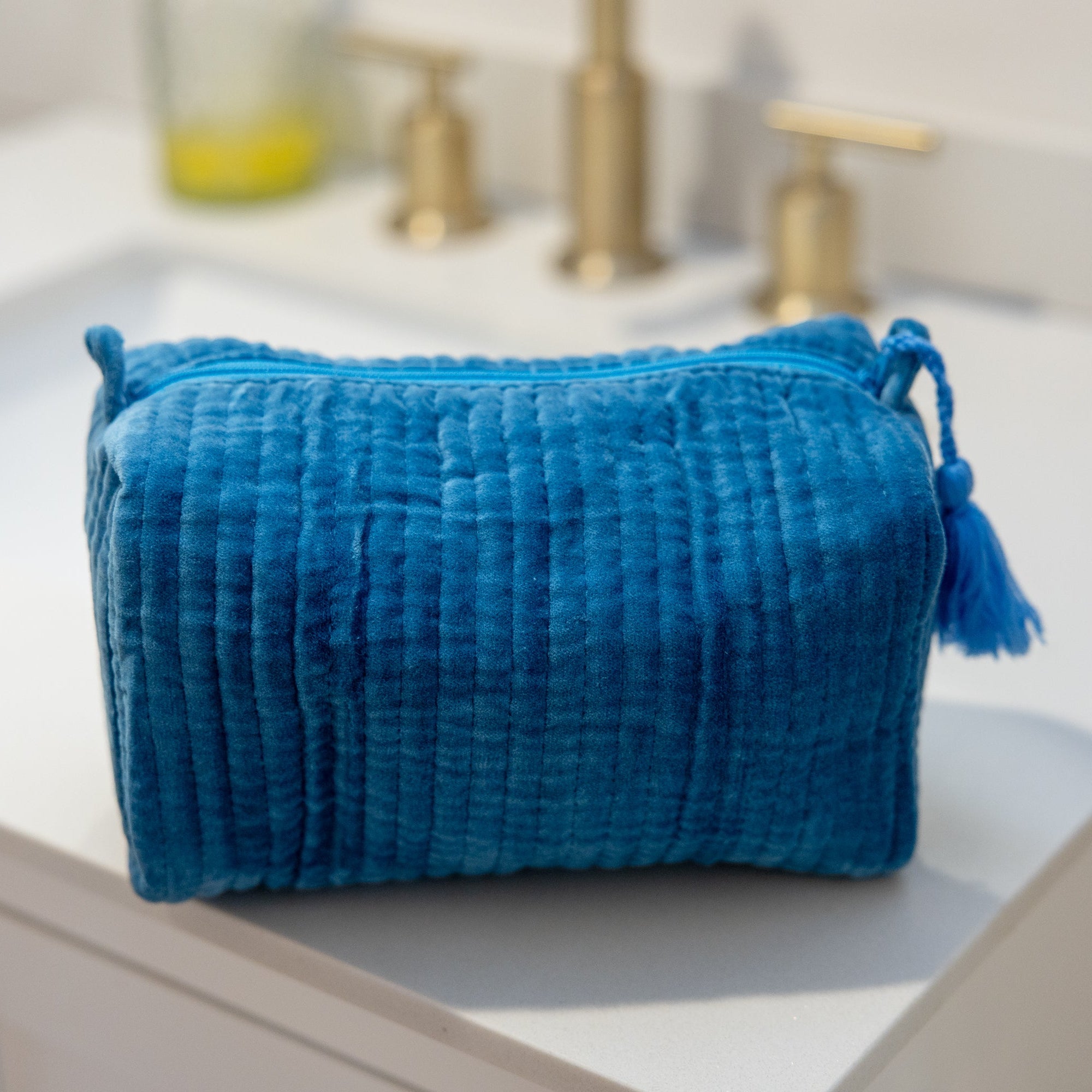 Velvet & Block Print Lined Cosmetic Pouch- Indigo