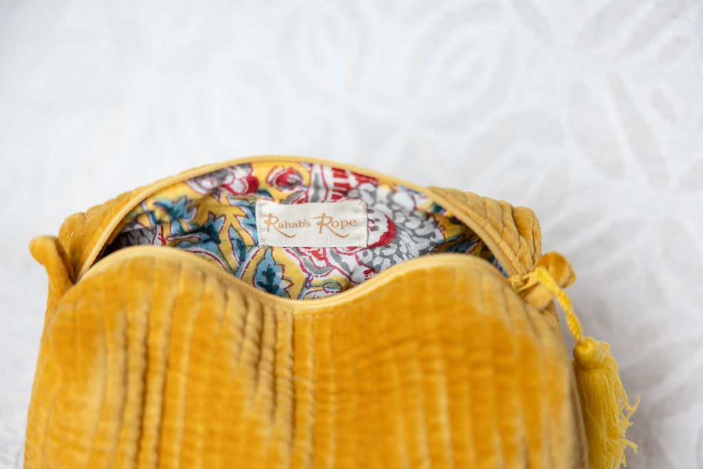 Velvet & Block Print Lined Cosmetic Pouch- Goldenrod