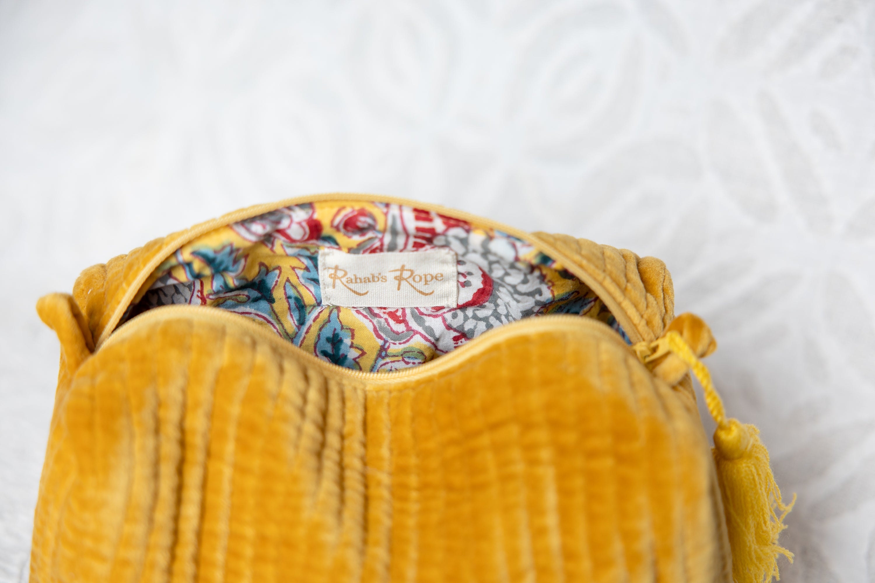 Velvet & Block Print Lined Cosmetic Pouch- Goldenrod