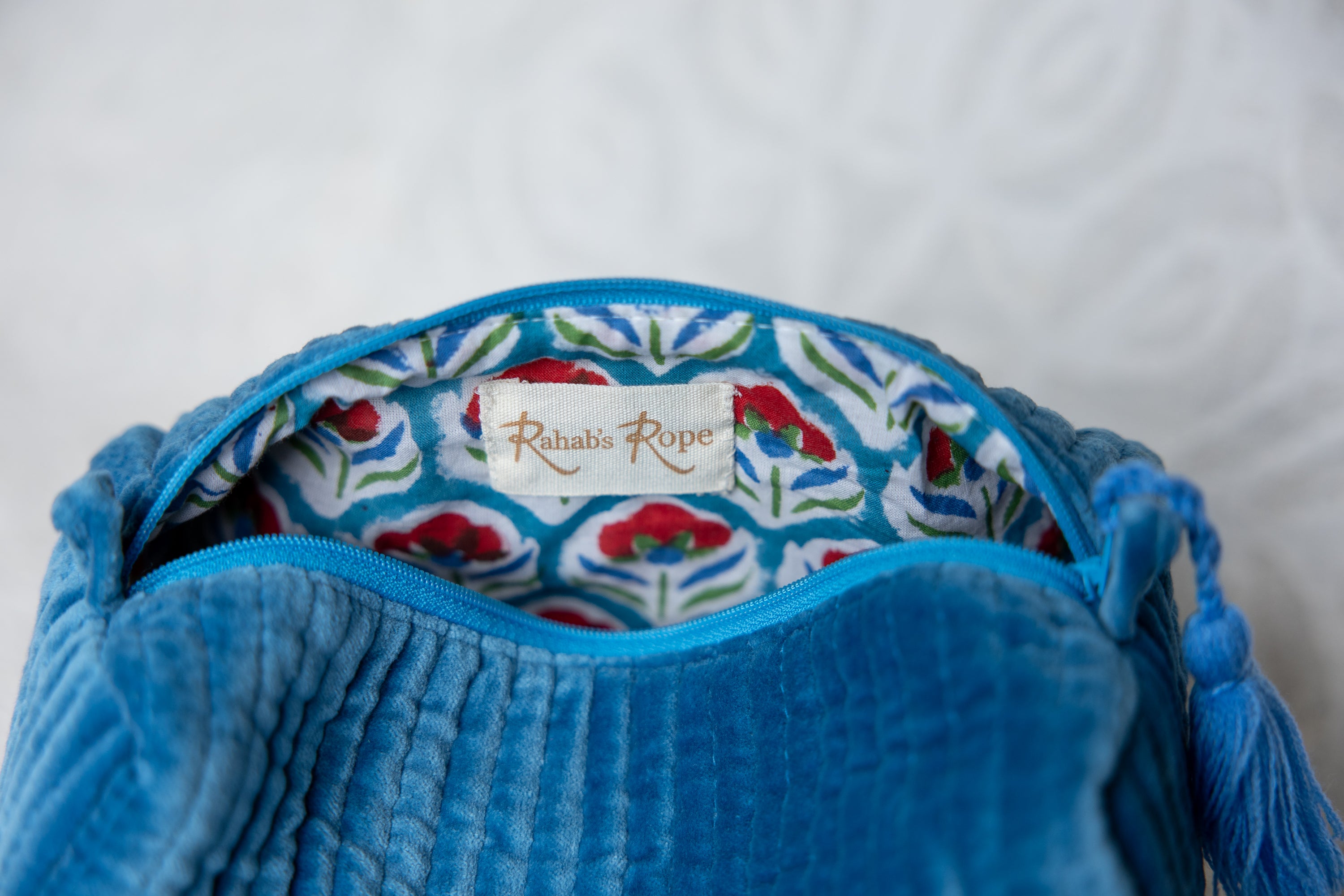 Velvet & Block Print Lined Cosmetic Pouch- Indigo