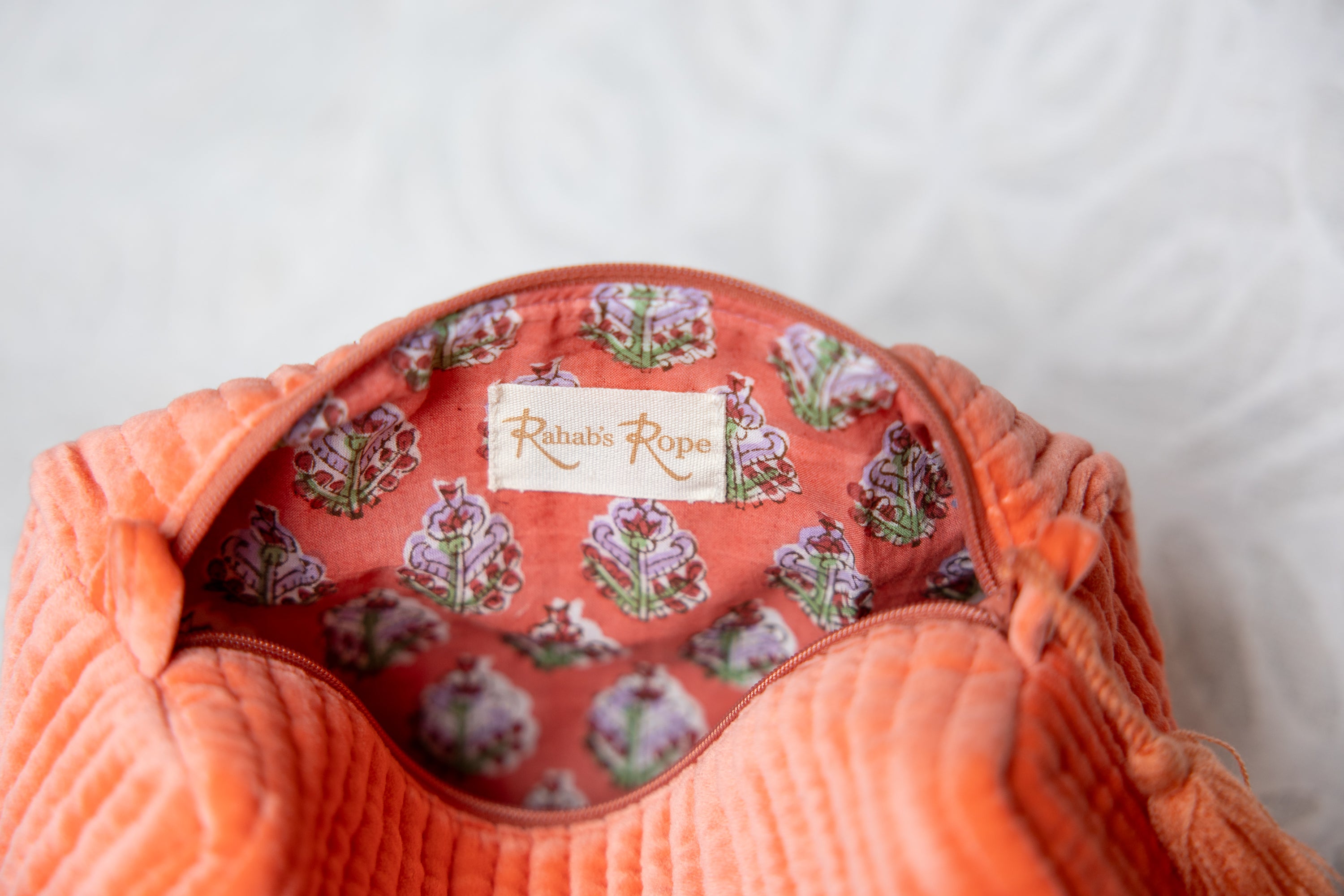 Velvet & Block Print Lined Cosmetic Pouch- Salmon