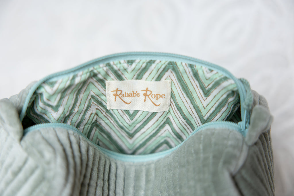 Velvet & Block Print Lined Cosmetic Pouch- Sage