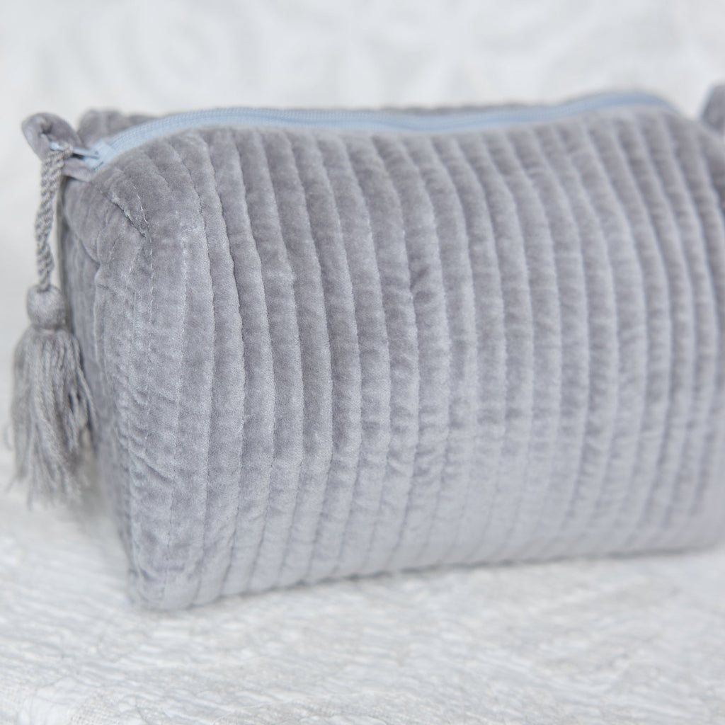 Velvet & Block Print Lined Cosmetic Pouch- Gray
