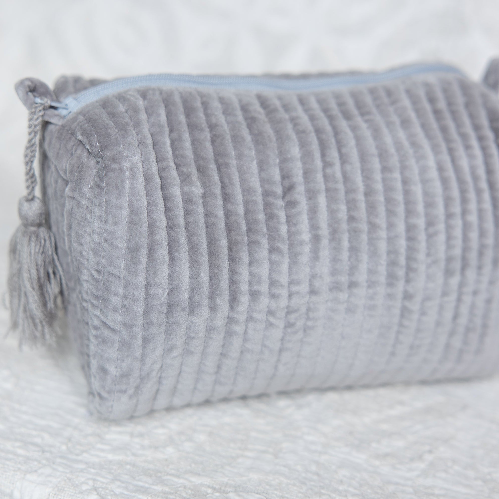 Velvet & Block Print Lined Cosmetic Pouch- Gray
