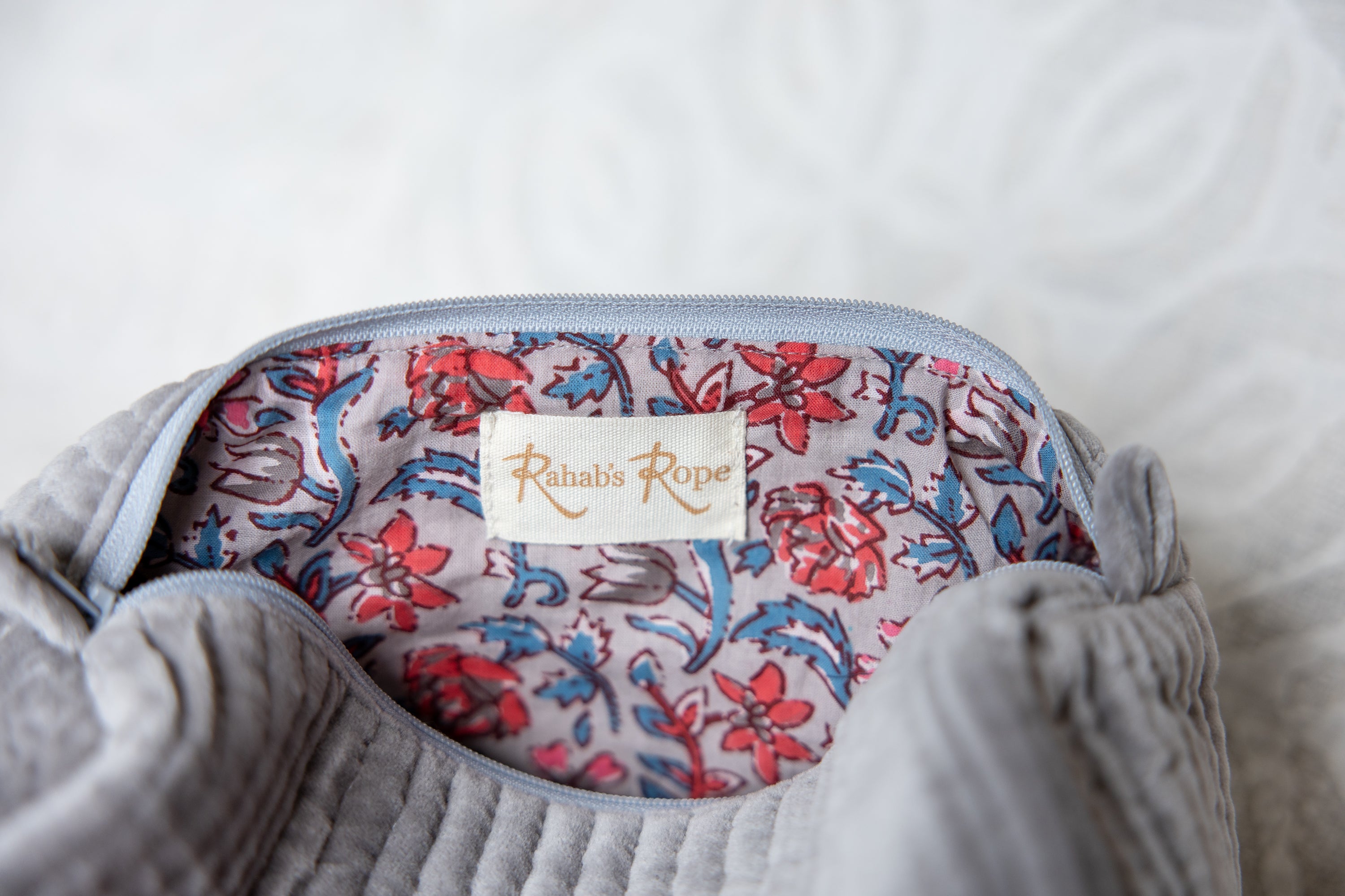 Velvet & Block Print Lined Cosmetic Pouch- Gray