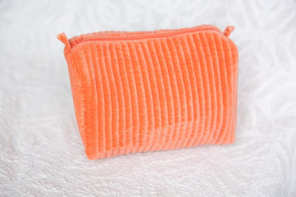 Velvet & Blocked Print Lined Cosmetic Pouch-Coral