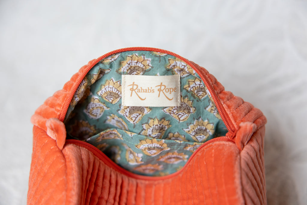 Velvet & Blocked Print Lined Cosmetic Pouch-Coral