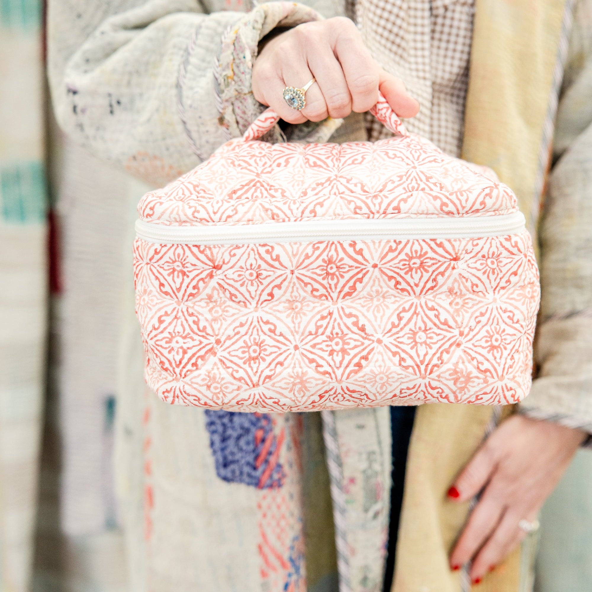 Coral Medallion Cosmetic Pouch with Handle