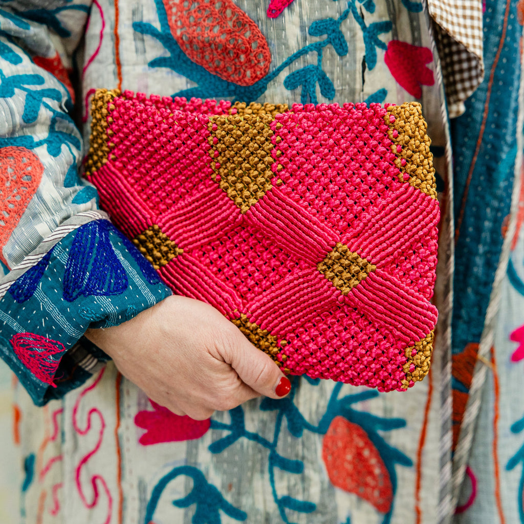 Handmade Macramé Clutch- Pink and Caramel
