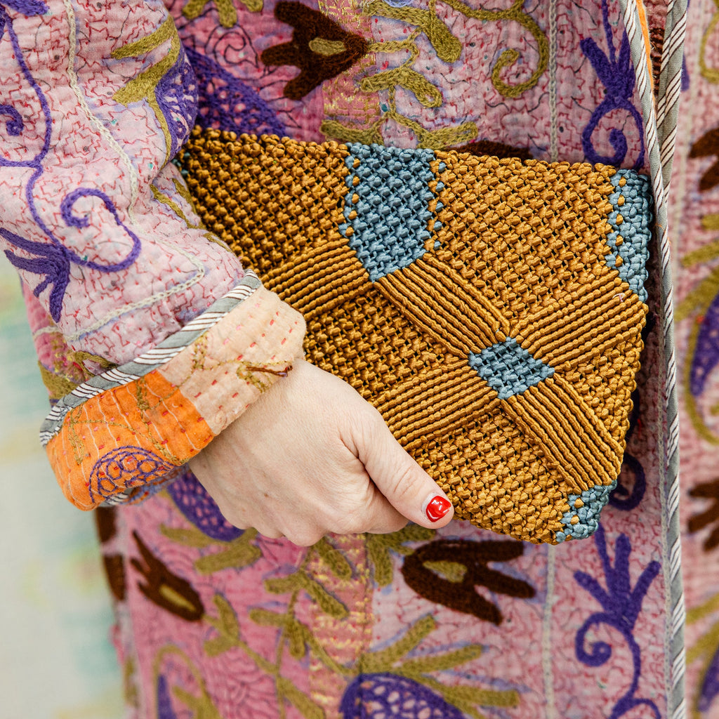 Handmade Macrame Clutch- Caramel and Dusty Blue