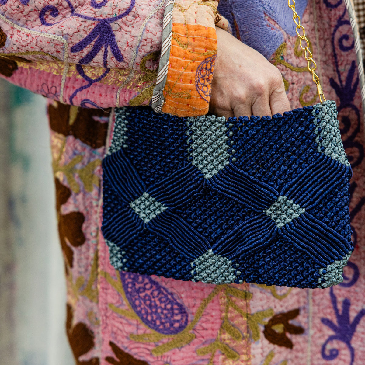 Handmade Macramé Clutch- Navy and Dusty Blue