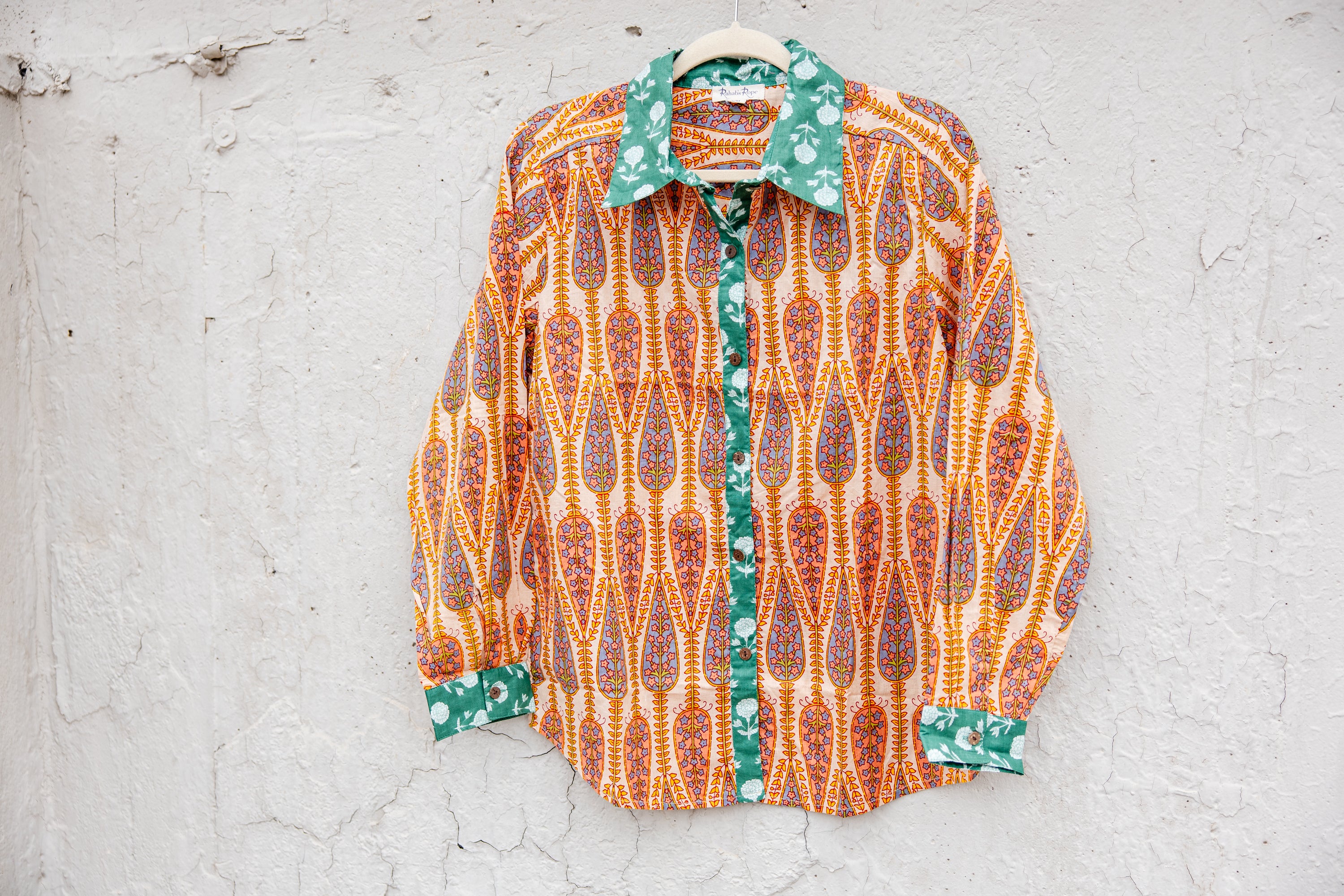 Saffron Trellis Block Print Button-Down Top