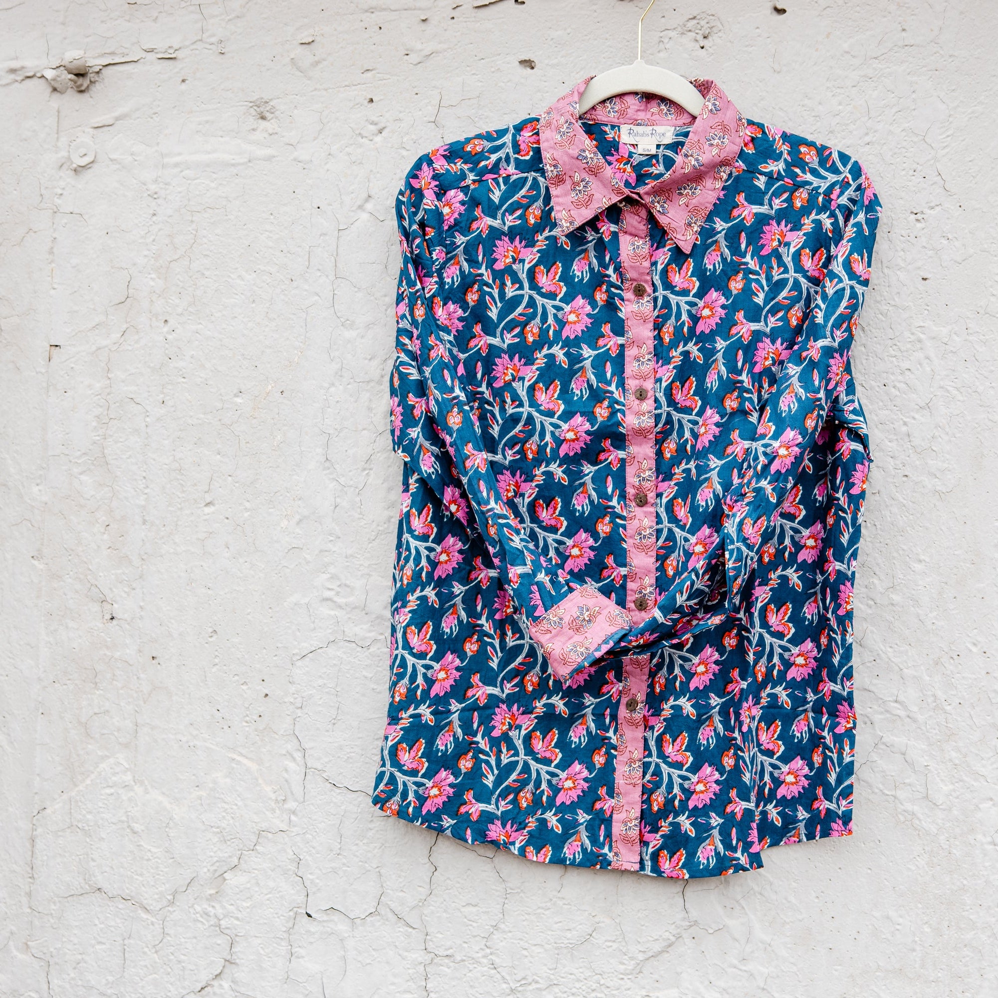 Indigo Bloom Block Print Button-Down Top