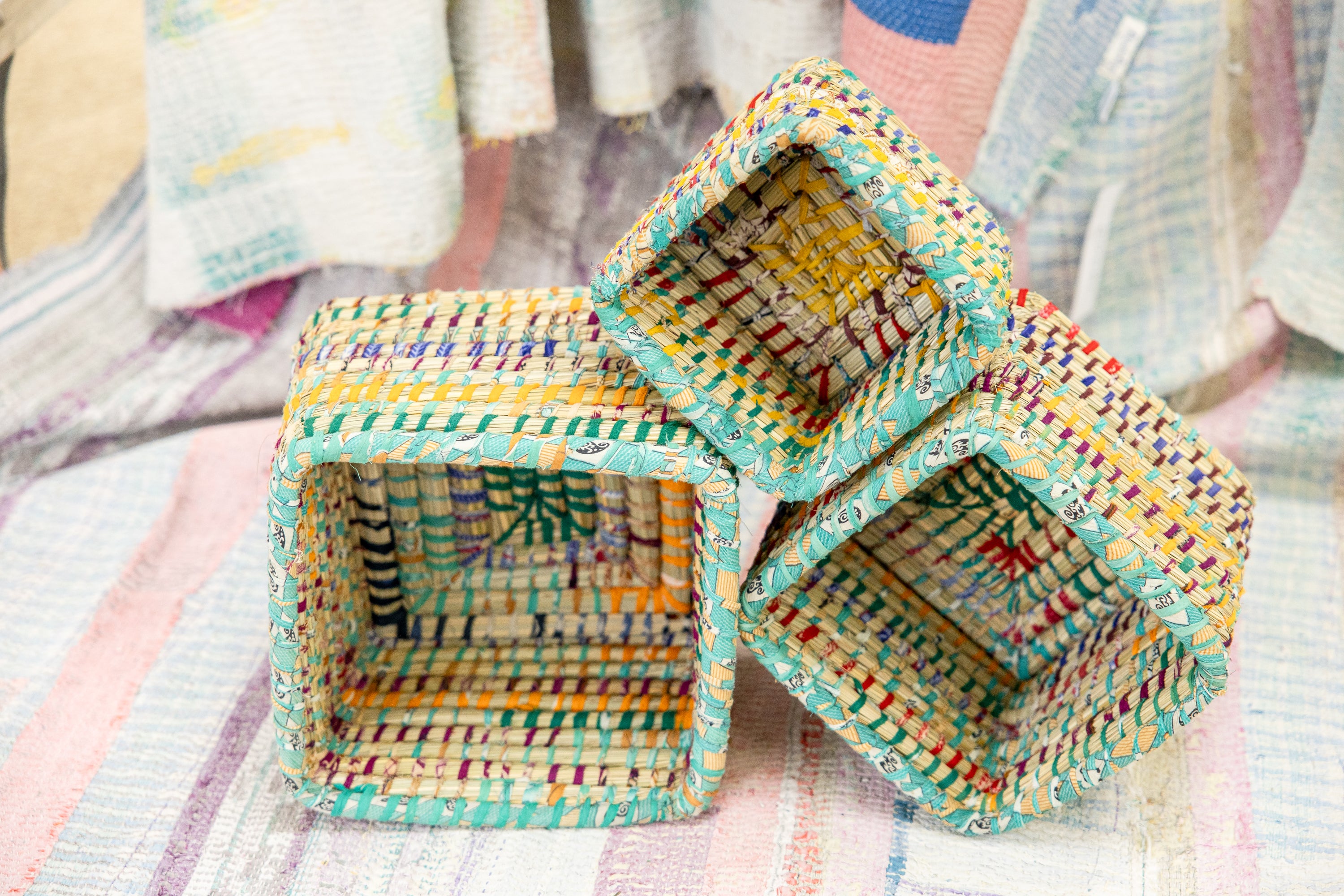 Kaisa Seagrass and Recycled Sari Baskets – Set of 3