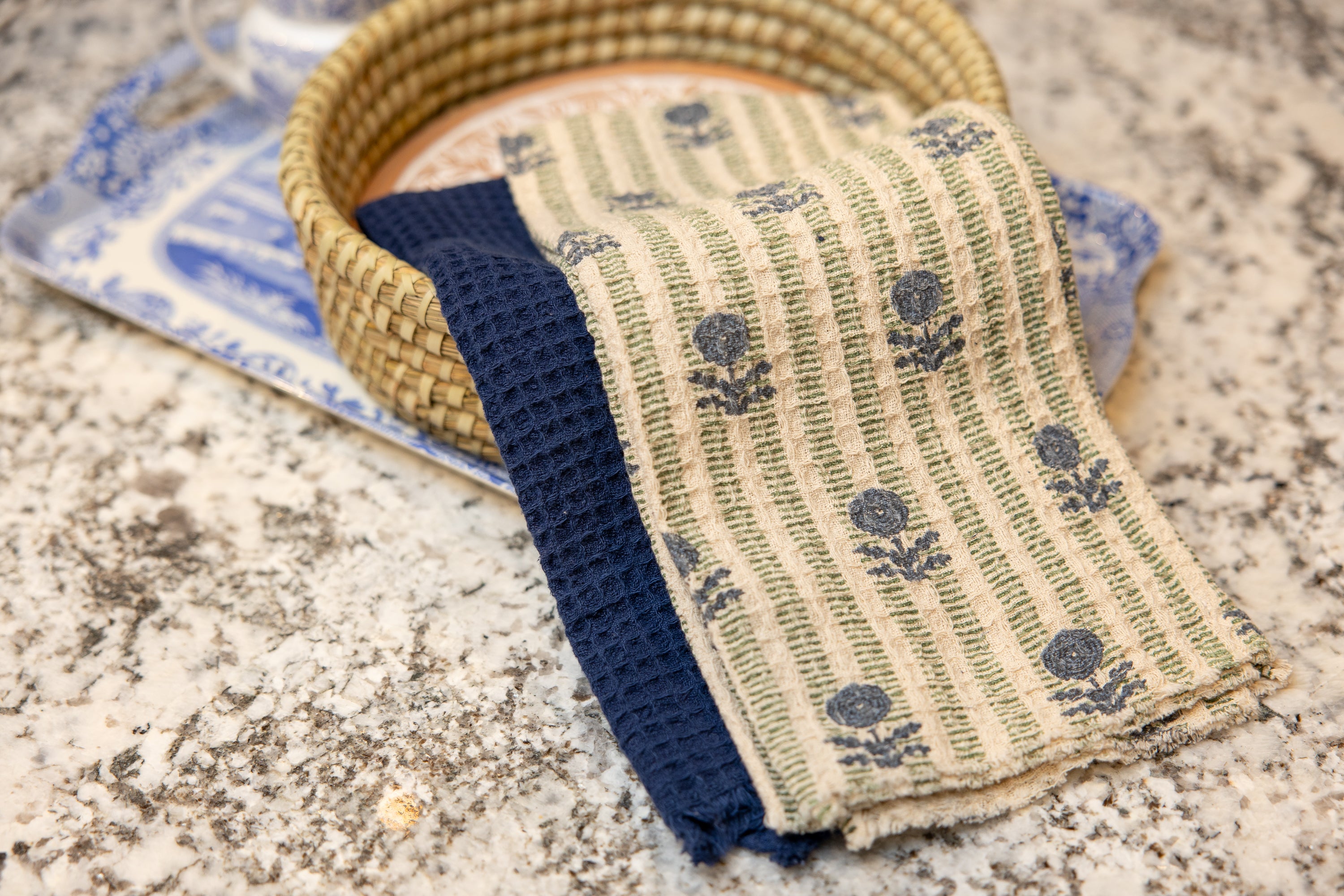 Bluebell Block Print Waffle Kitchen Towel Set