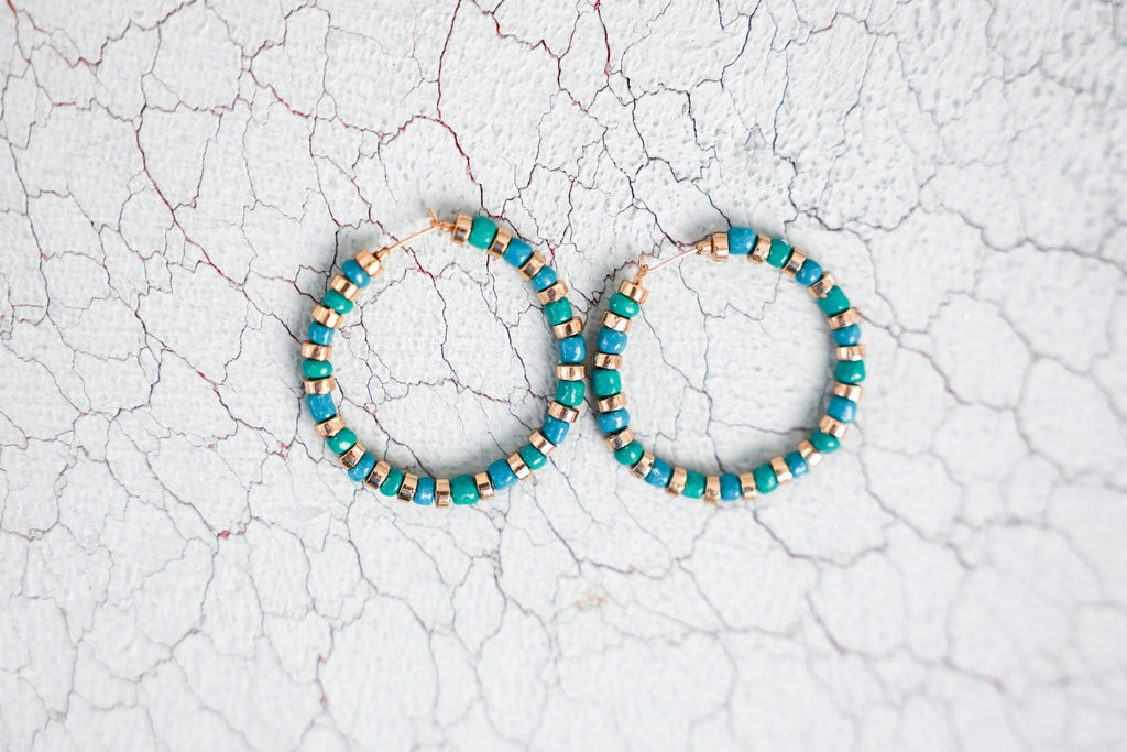 Turquoise Glass and Beaded Hoops
