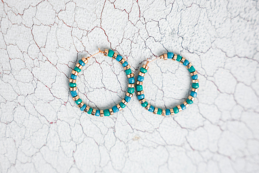 Turquoise Glass and Beaded Hoops